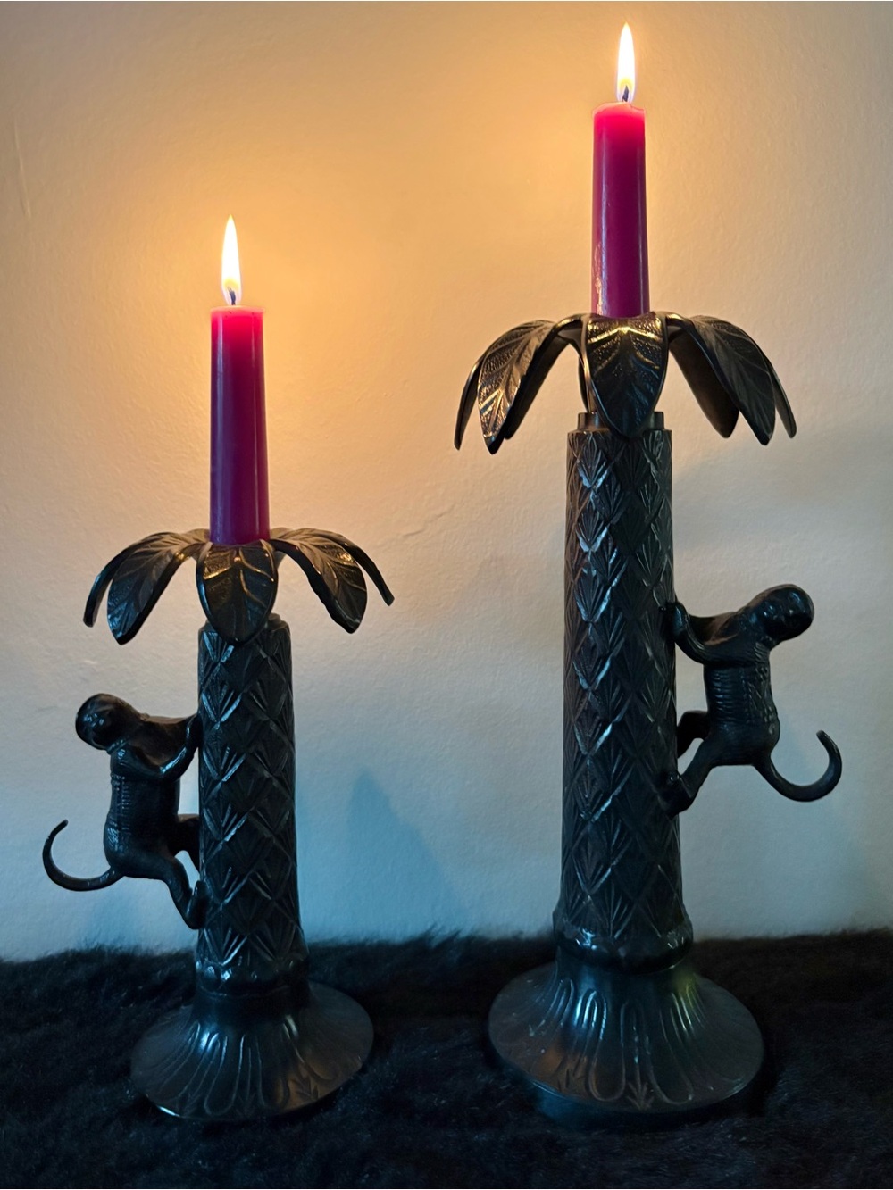 VTG Bombay Company Monkey Palm Tree Cast Bronze Candlestick Holder Set, Brown